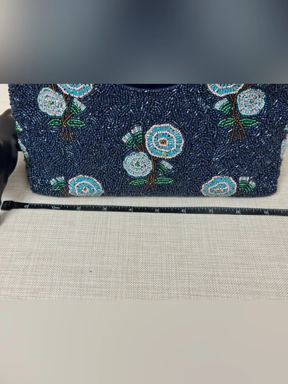 Embroidered Navy Beaded Floral Wristlet Clutch